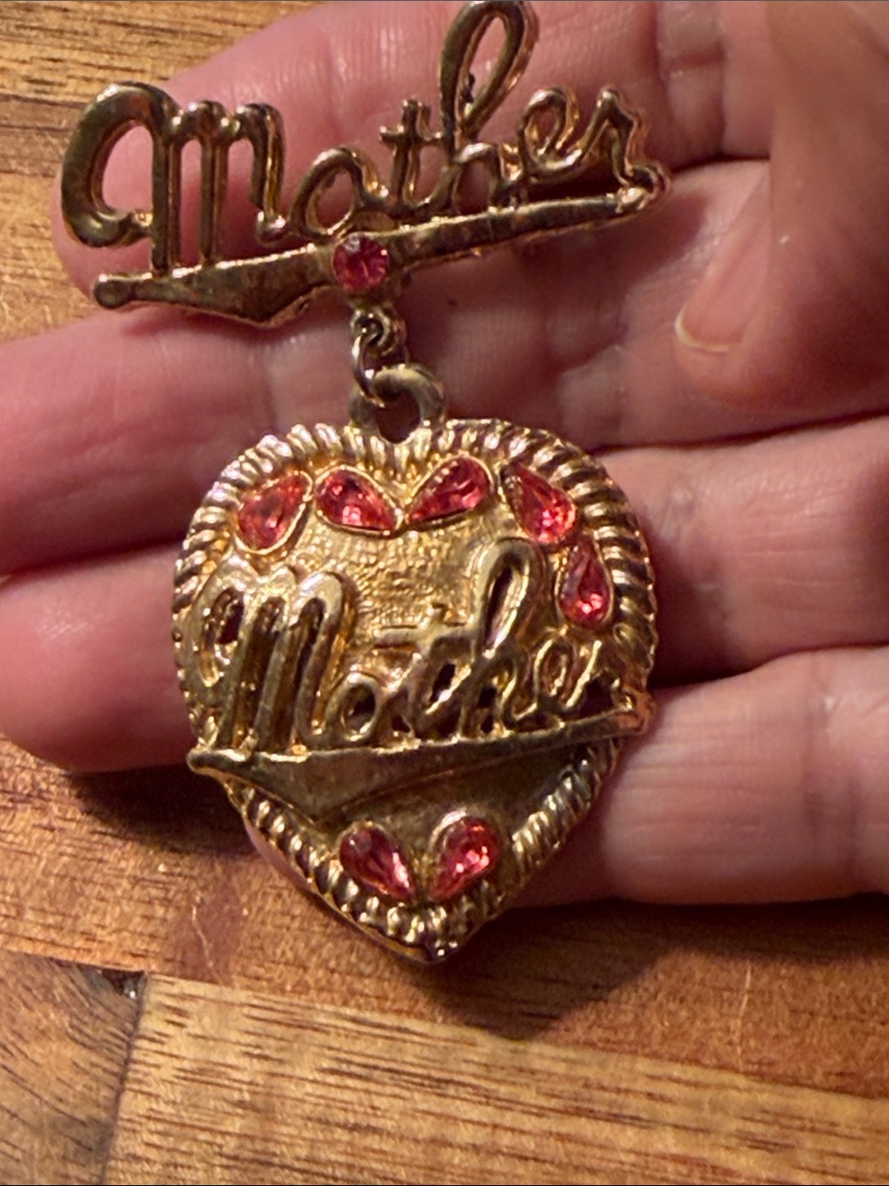“Mother”Gold Tone Vintage Dangling Heart with Pink Rhinestones Brooch